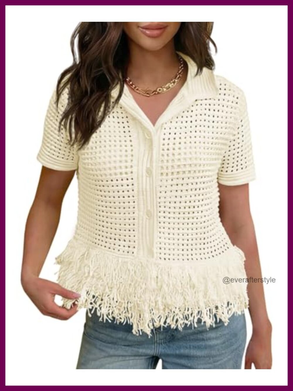 Crochet Knit Short Sleeve Button Down Fringe Cardigan Boho Summer Top